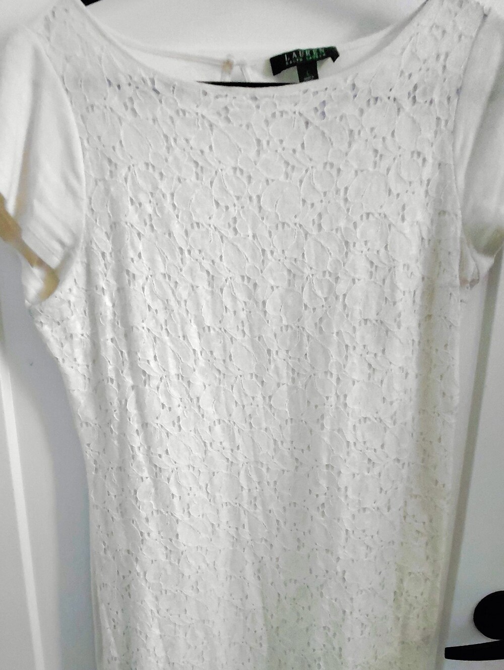 Ralph Lauren Sz  L Off White Lace Sheath Dress Short Sleeve Elegant Romantic